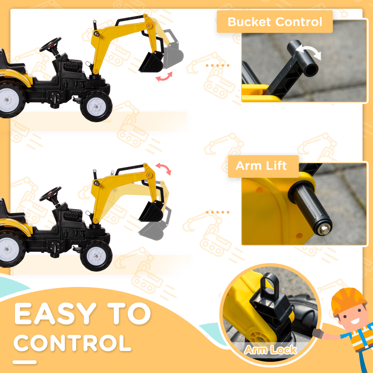 Ride-On Pedal Digger Construction Toy with Horn, Detachable Trailer and Shovel for Kids 3-6 Years