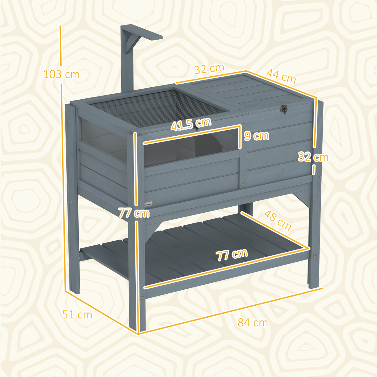 PawHut Wooden Tortoise House with Run, Shelter, Shelf & Lamp Holder, Grey