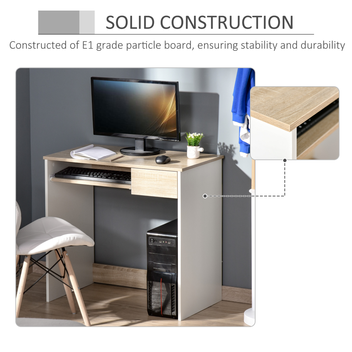 HOMCOM Compact Computer Table with Keyboard Tray and Drawer, Oak