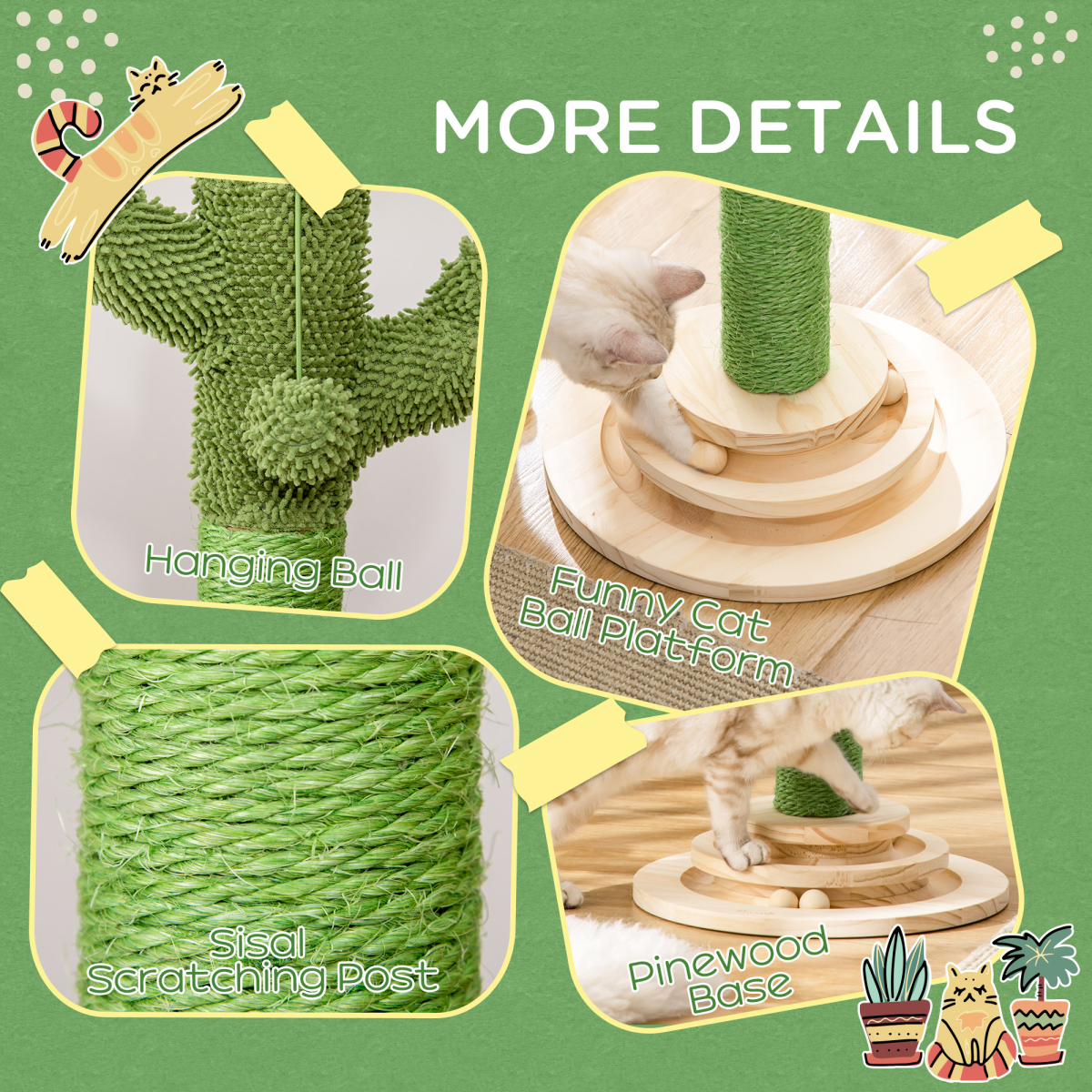 Cactus Cat Tree with Sisal Scratching Post & Hanging Ball