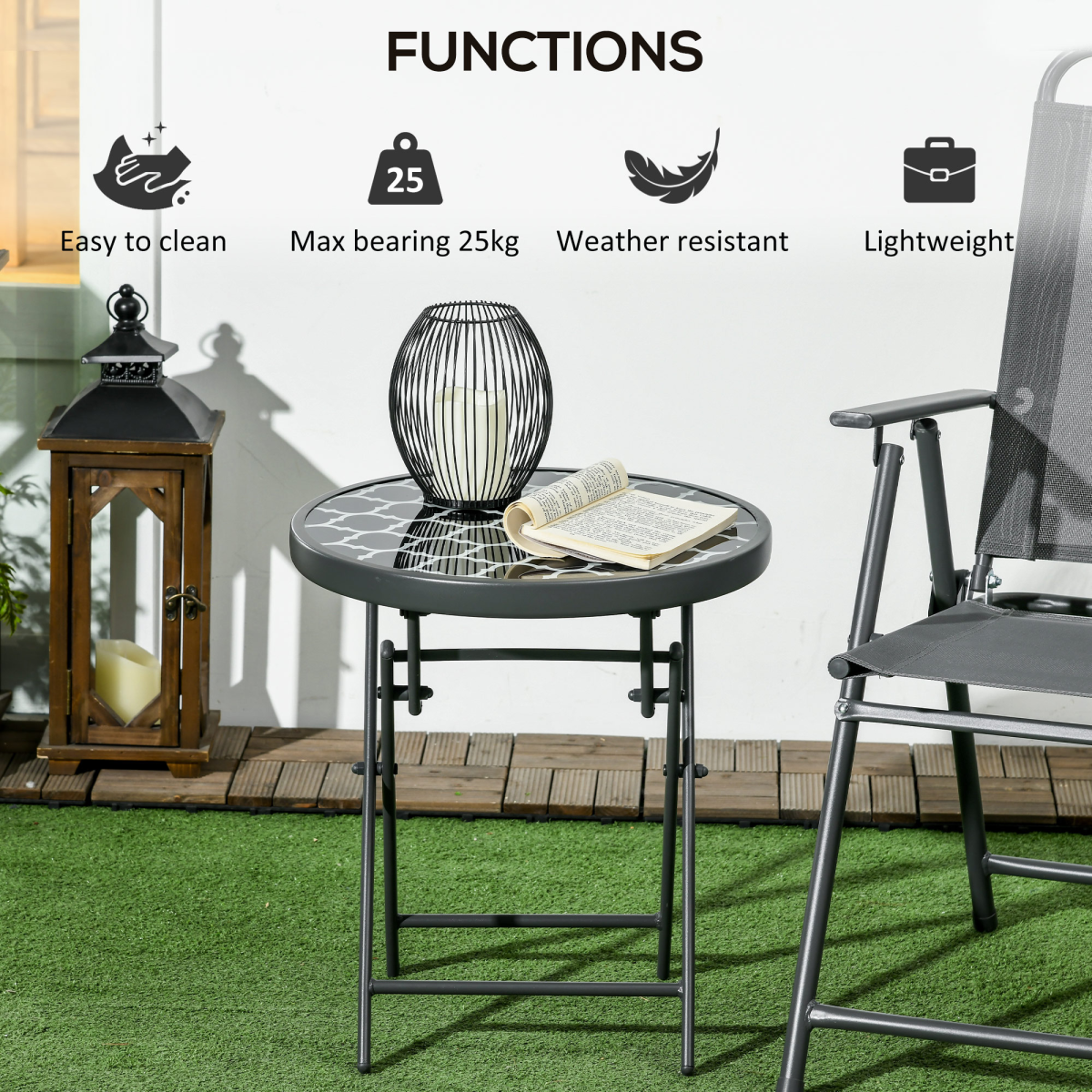 Outsunny Round Folding Side Table w/ Imitation Marble Glass Top, Black & White