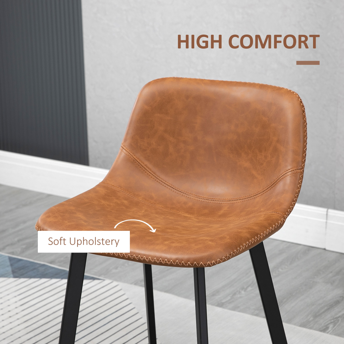 HOMCOM Set of 2 Industrial Bar Stools with Steel Legs and Faux Leather Seats, Brown