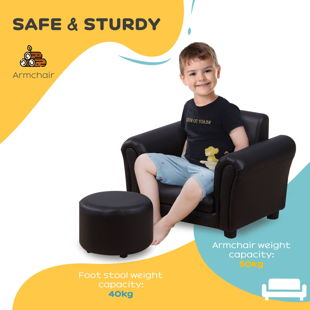HOMCOM 2-Piece Kids Sofa Chair and Footstool Set, Black