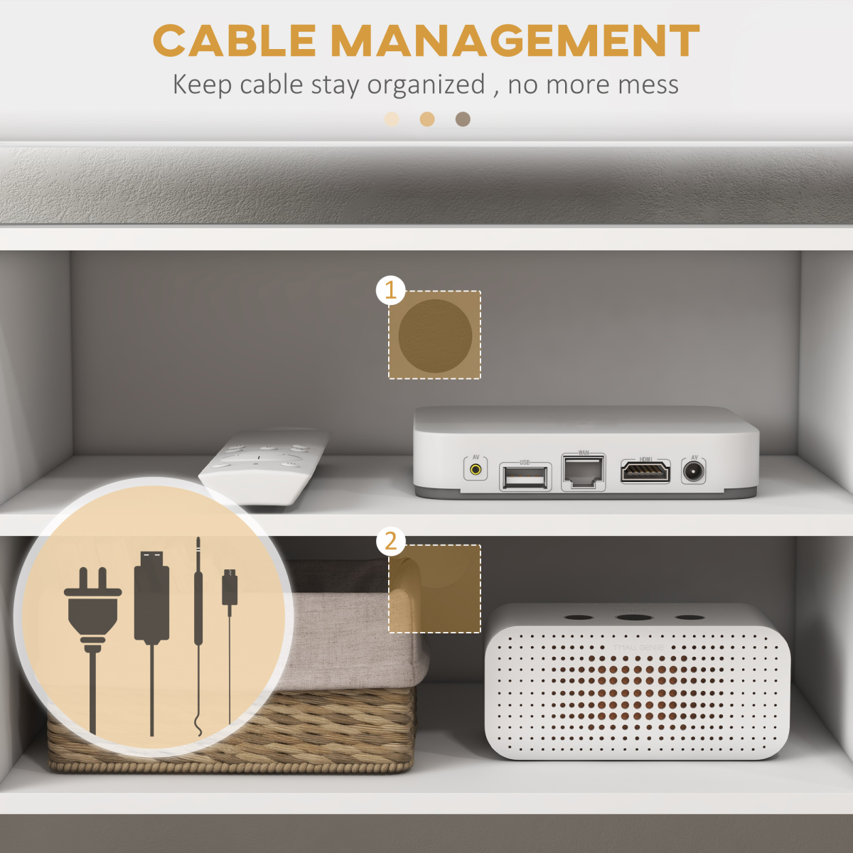 White TV Stand Cabinet with Storage, Cable Management, Wood Legs