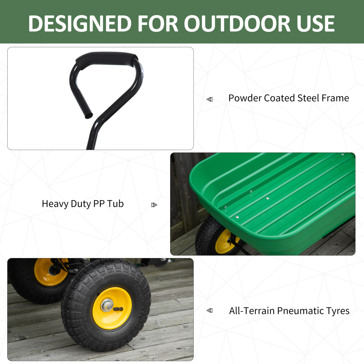 Outsunny 125L Heavy Duty 4-Wheel Garden Cart Trolley Wheelbarrow Green