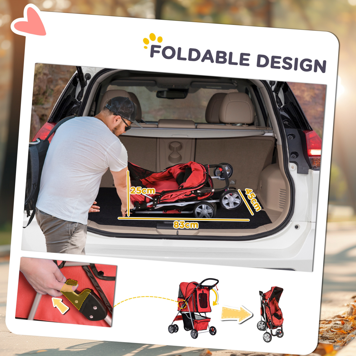 PawHut Foldable 4-Wheel Pet Stroller Carrier for Small Dogs and Cats, Steel Frame, Oxford Cloth, Basket, Cup Holder, Brake