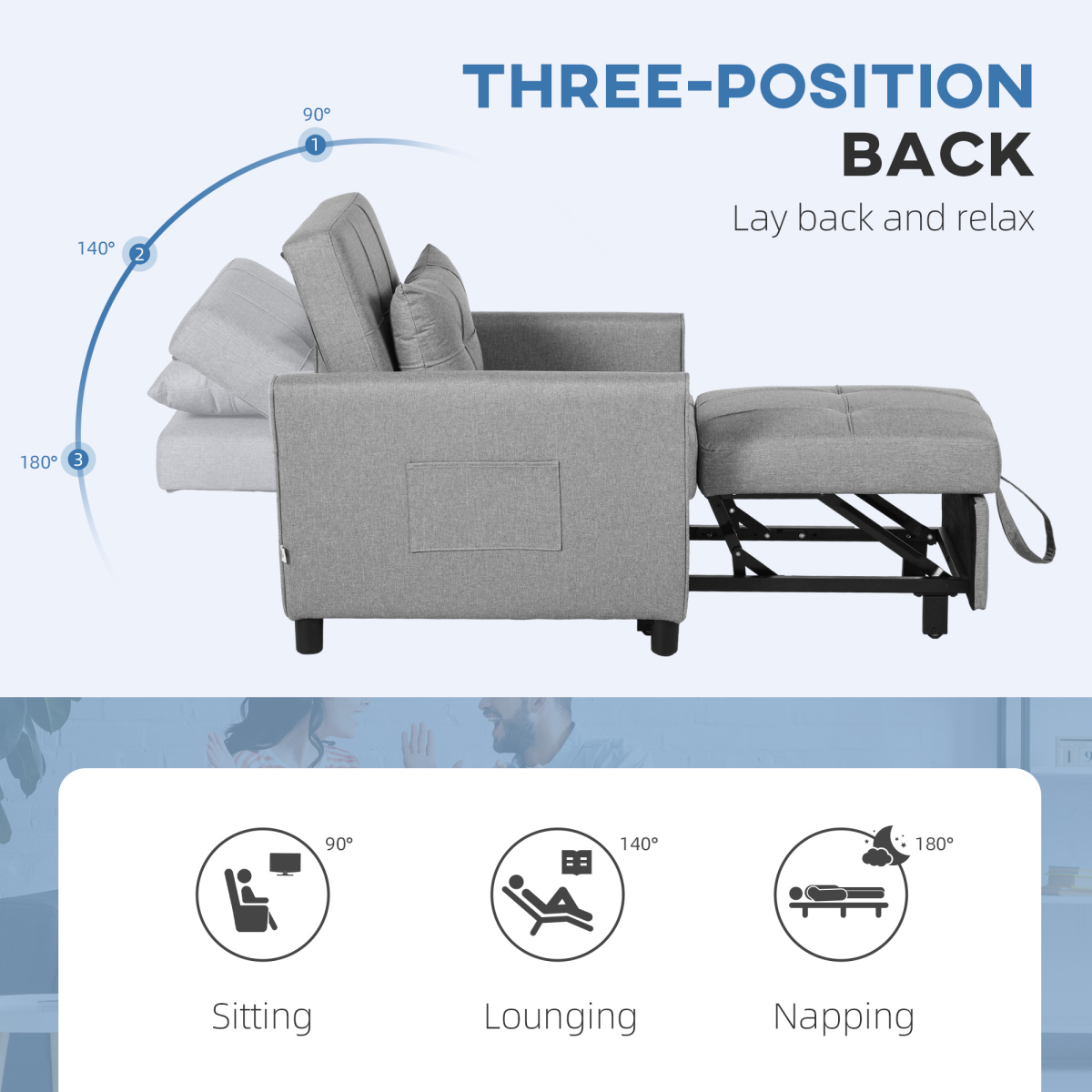 HOMCOM Pull Out Chair Bed, Sleeper Chair with Pillow, Side Pockets, Light Grey