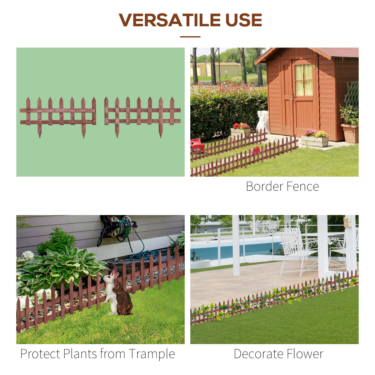 Outsunny Pack of 12 Fir Wood Garden Border Fence, Rustic Brown