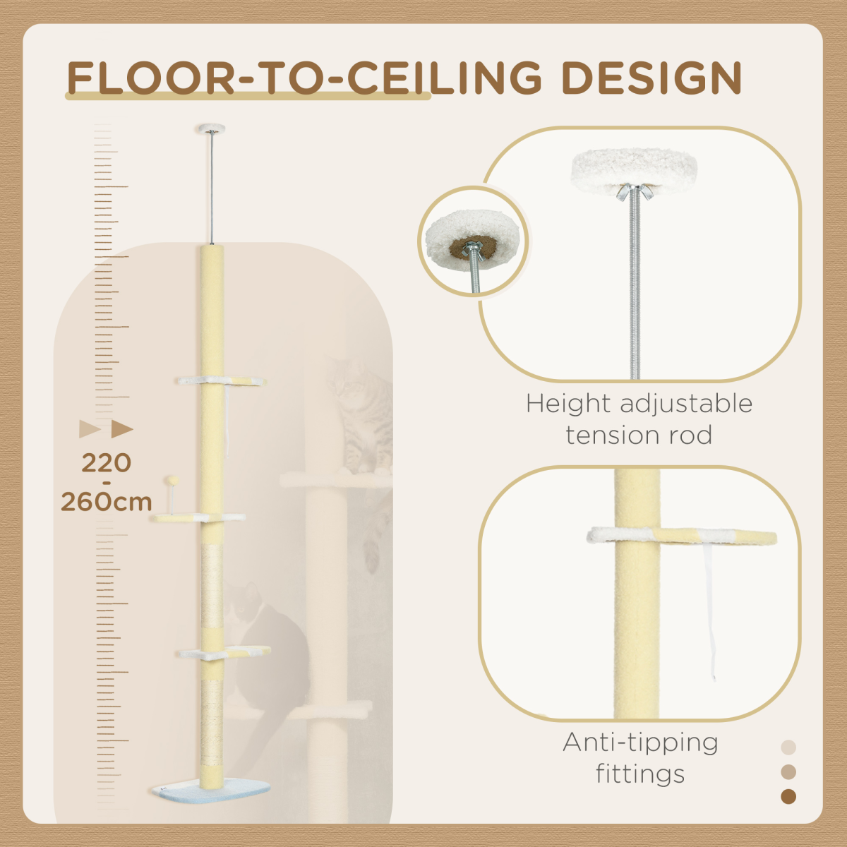 Height Adjustable Floor-to-Ceiling Cat Tree with Anti-Slip Kit - Yellow