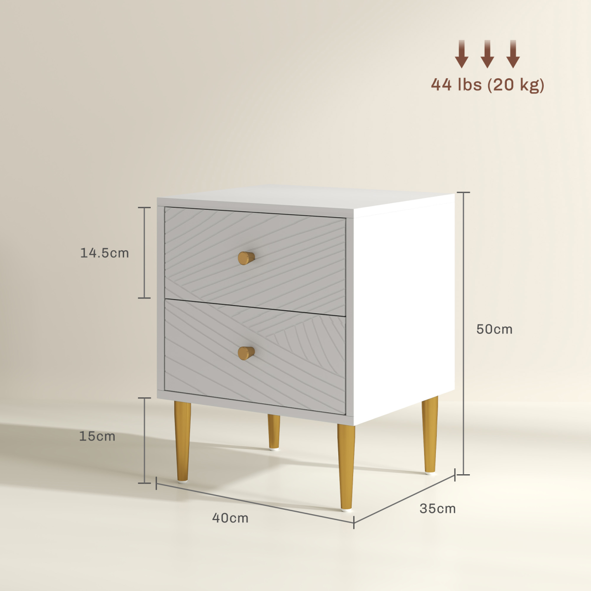 White Nightstand with Gold-Tone Handles, 2 Drawers & Metal Legs