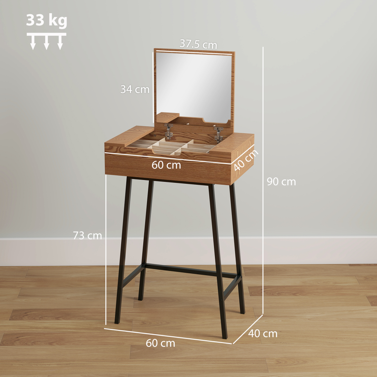 HOMCOM Industrial Vanity Desk with Flip-Up Mirror, Natural Wood Effect