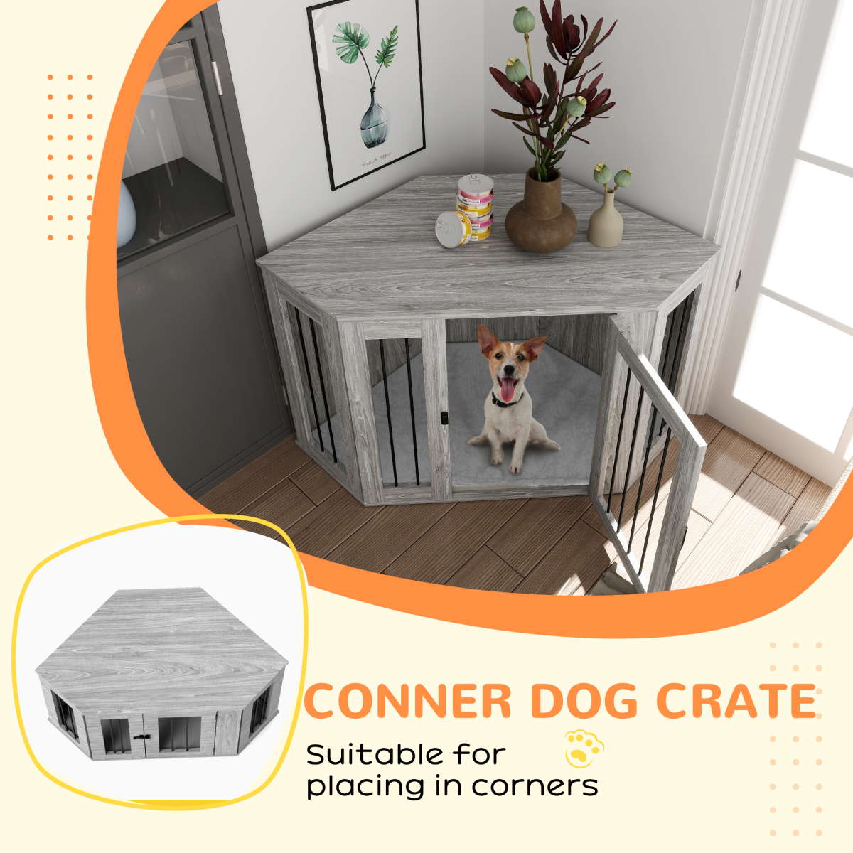 PawHut Dog Crate Furniture Side Table with Cushion - Grey