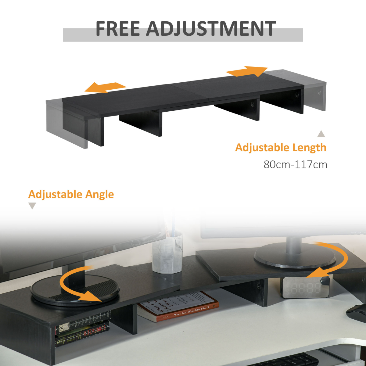 Adjustable Monitor Stand Riser with Extendable Length and Three-Part Storage, 80-117cm, MDF