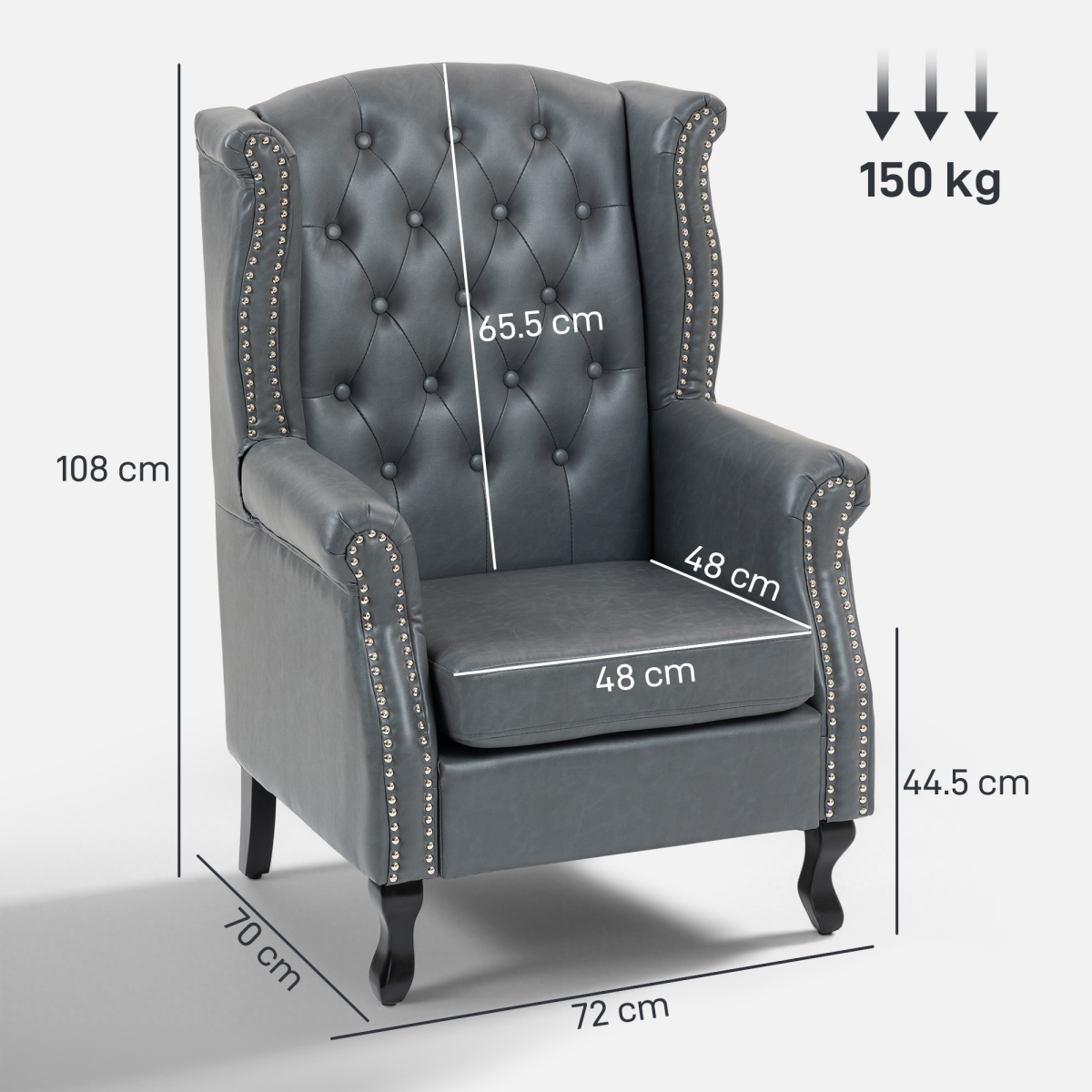 HOMCOM Grey Faux Leather Chesterfield Wing Back Armchair