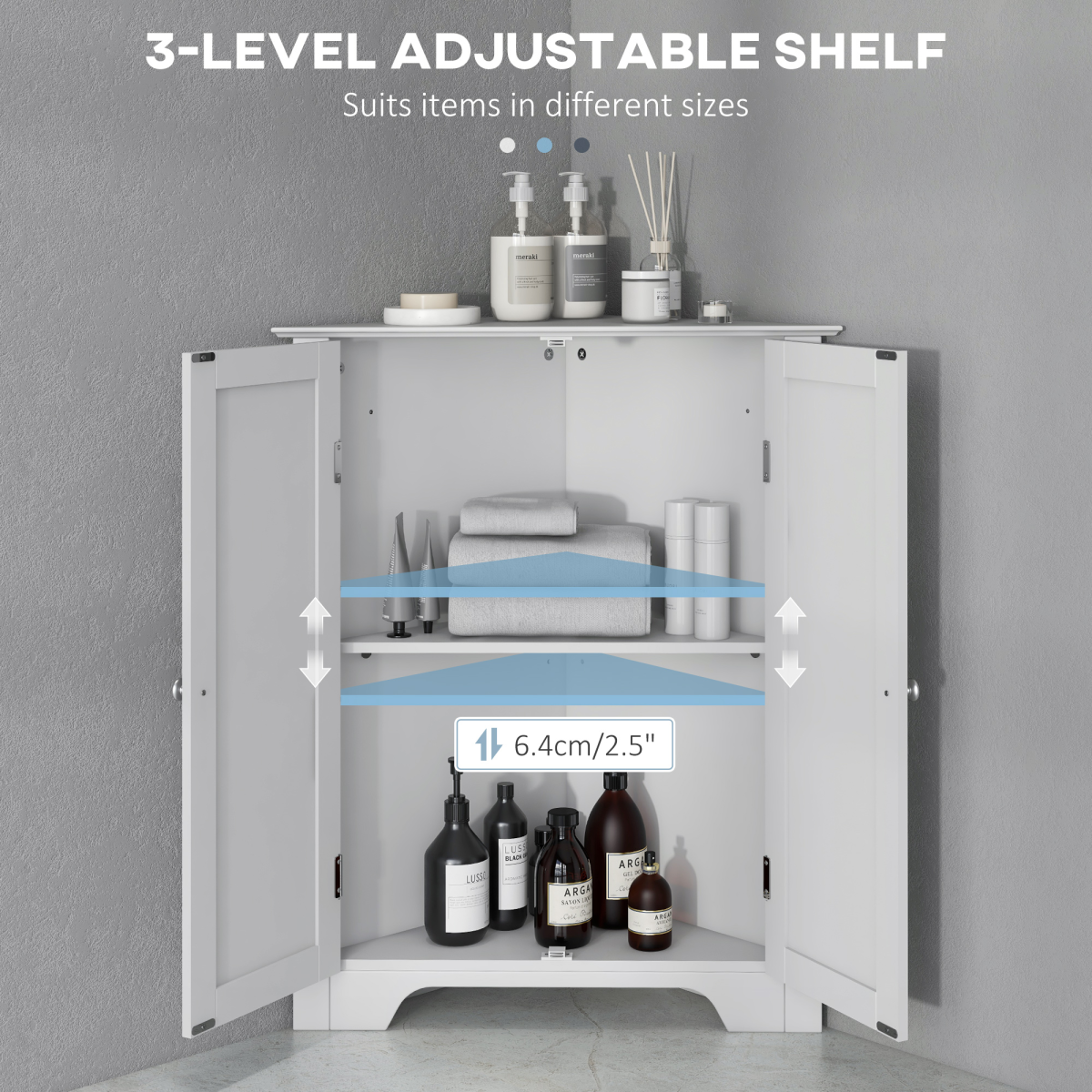 Corner Bathroom Cabinet with Recessed Doors & Adjustable Shelf, White
