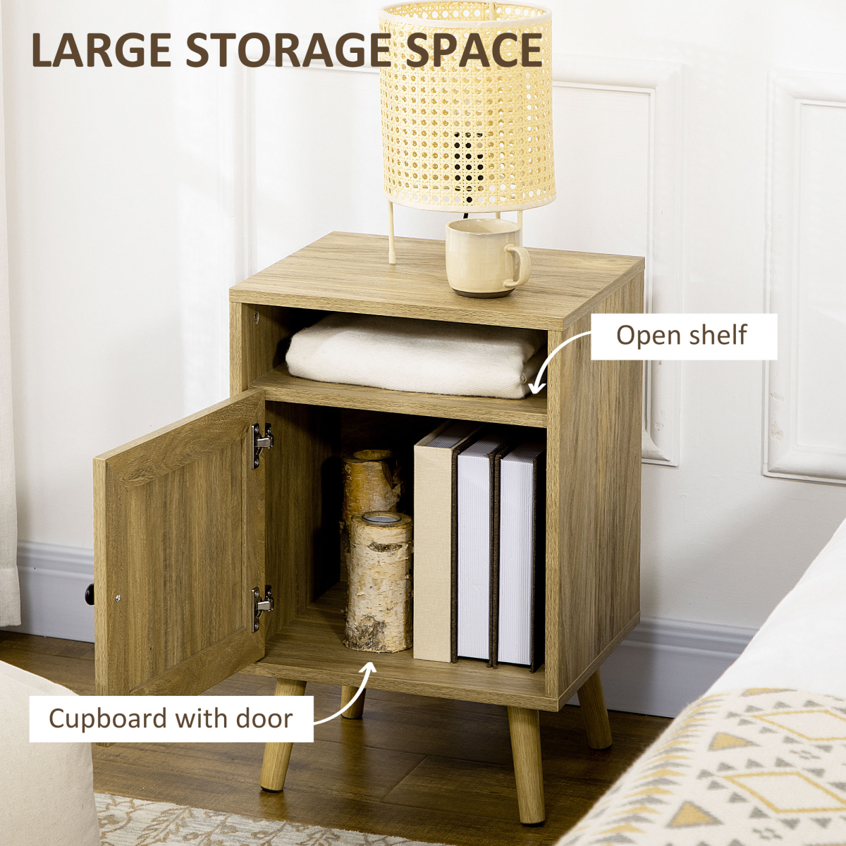 HOMCOM Rattan Nightstand with Cabinet & Shelf, Natural