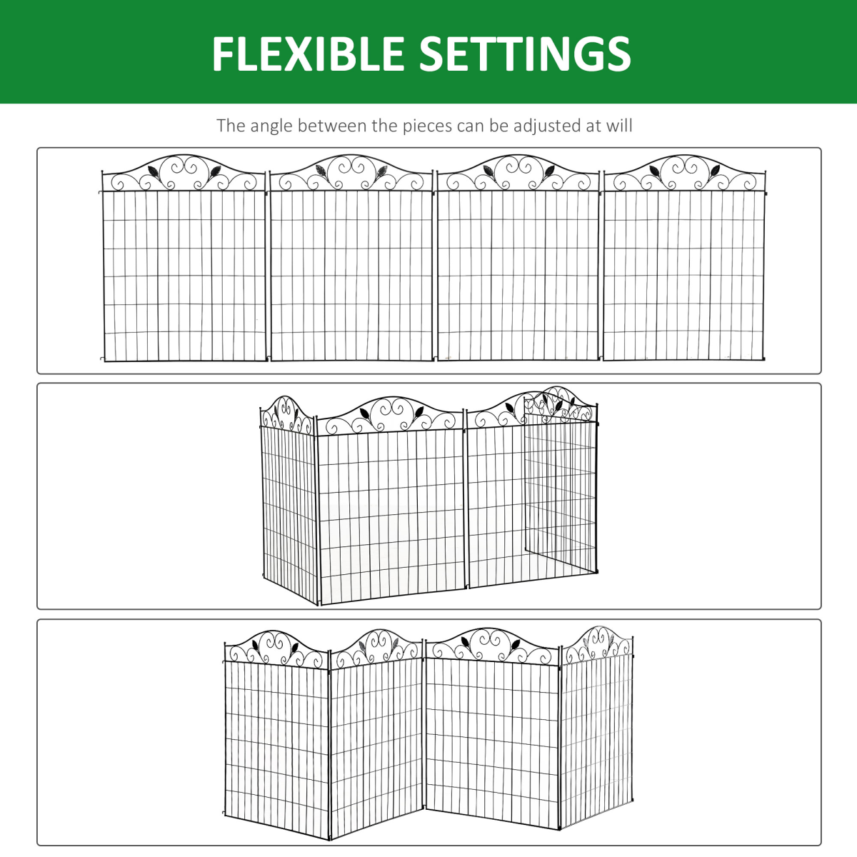 Decorative Garden Fence Border Edging, 4 Panels, 44in H x 12ft L, Steel Wire, Vine Pattern, Adjustable Shape