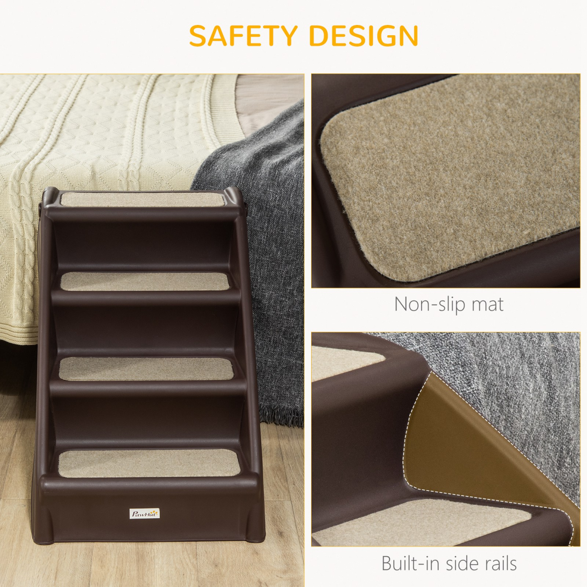 Foldable Non-Slip Pet Steps for Bed and Sofa, Small Dogs and Cats, Brown