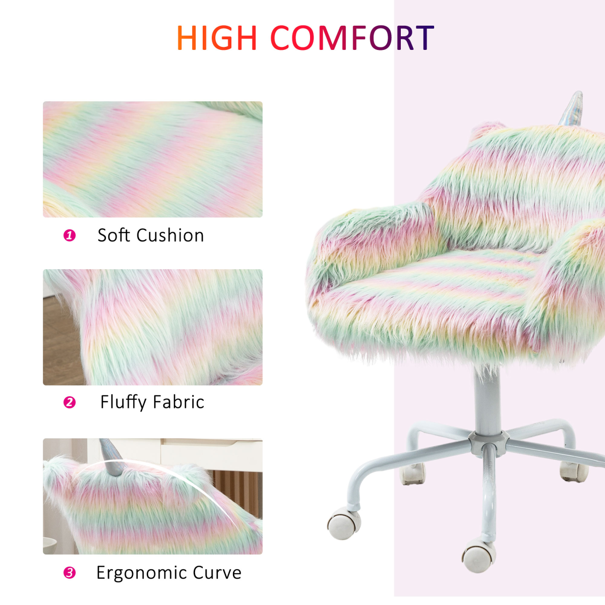 Vinsetto Faux Fur Unicorn Desk Chair with Armrests, Adjustable Height