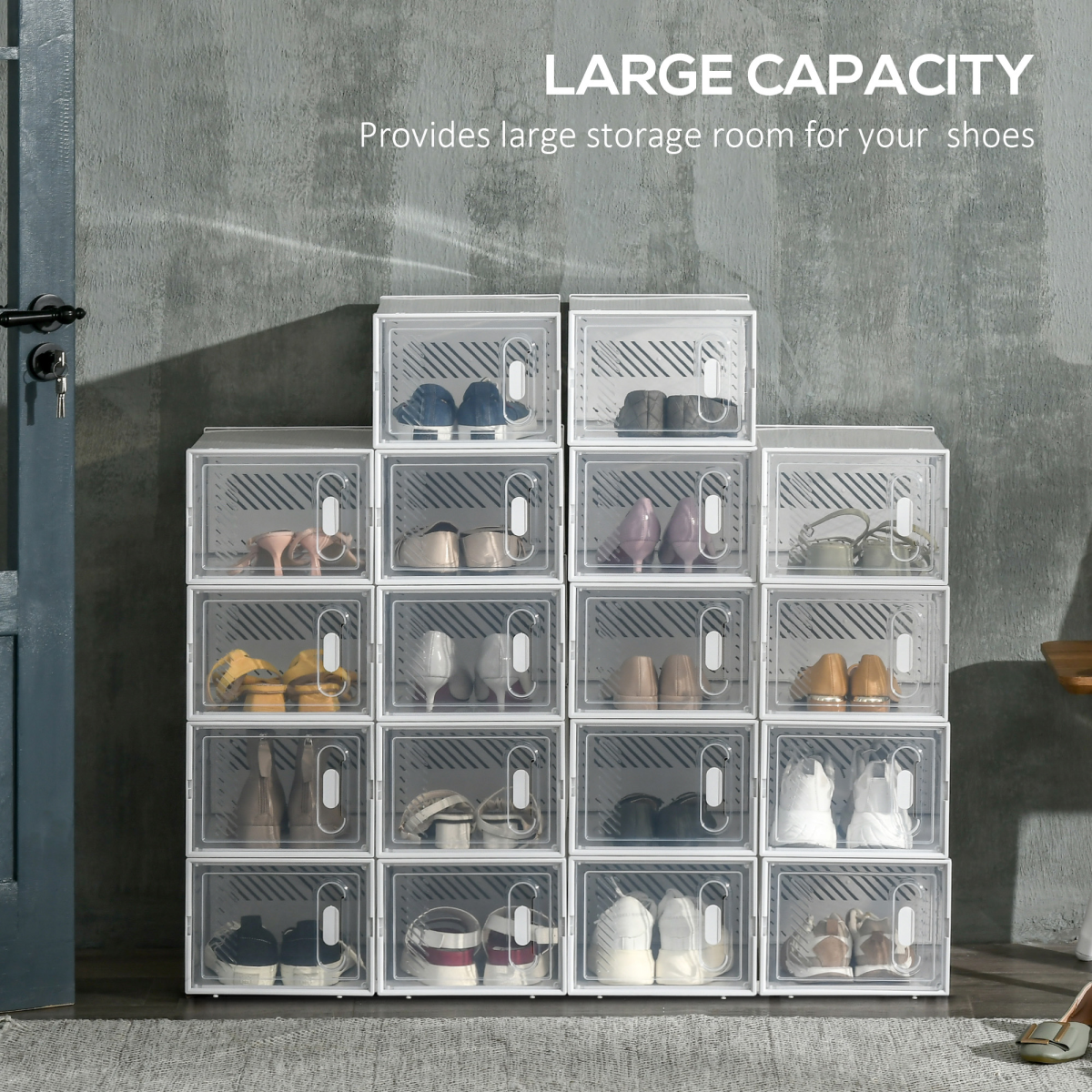 HOMCOM 18-Piece Clear Plastic Shoe Boxes, UK/EU Size up to 8.5/43, 25 x 35 x 19cm