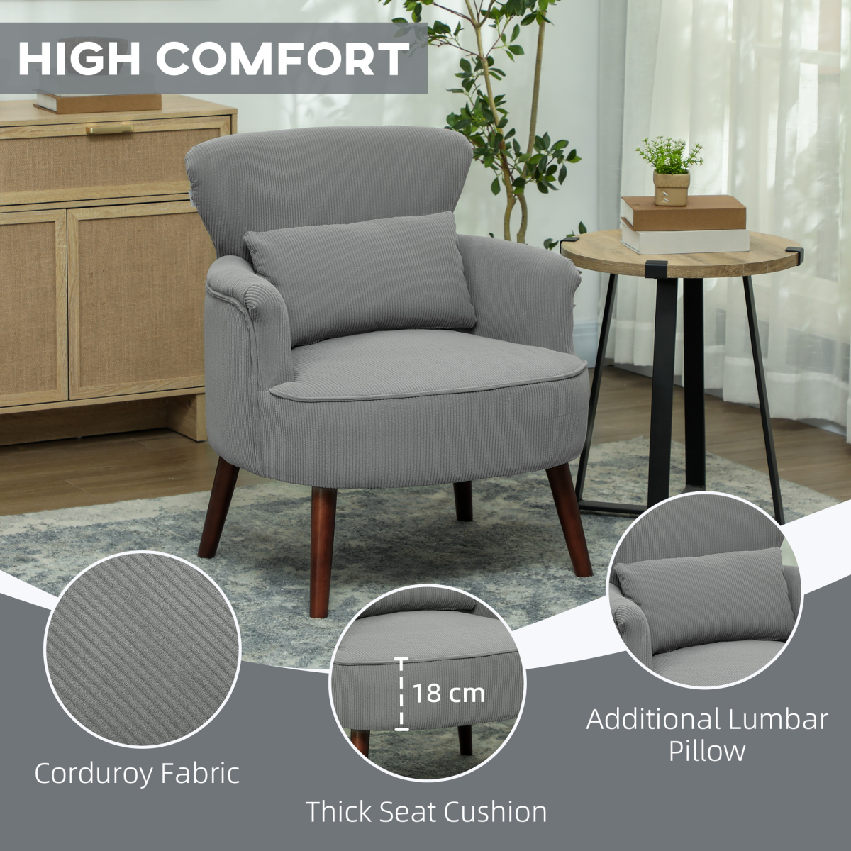 HOMCOM Wingback Corduroy Armchair with Padded Seat, Light Grey