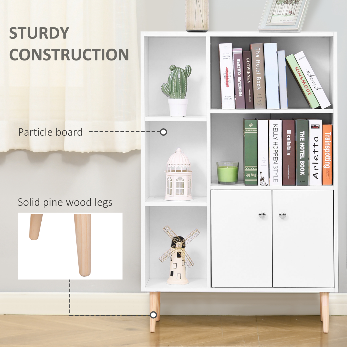 HOMCOM 5-Shelf Open Bookcase Cabinet with Bottom Cupboard, 2 Doors, 80W x 23.5D x 118H cm, White