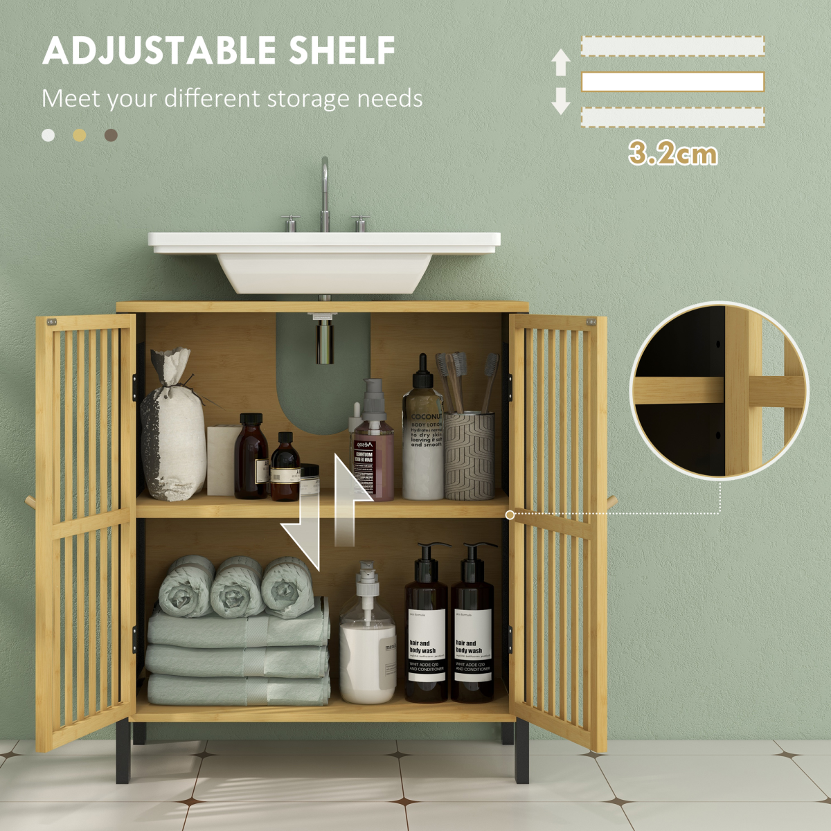 HOMCOM Bamboo Under Sink Bathroom Cabinet with Slat Doors