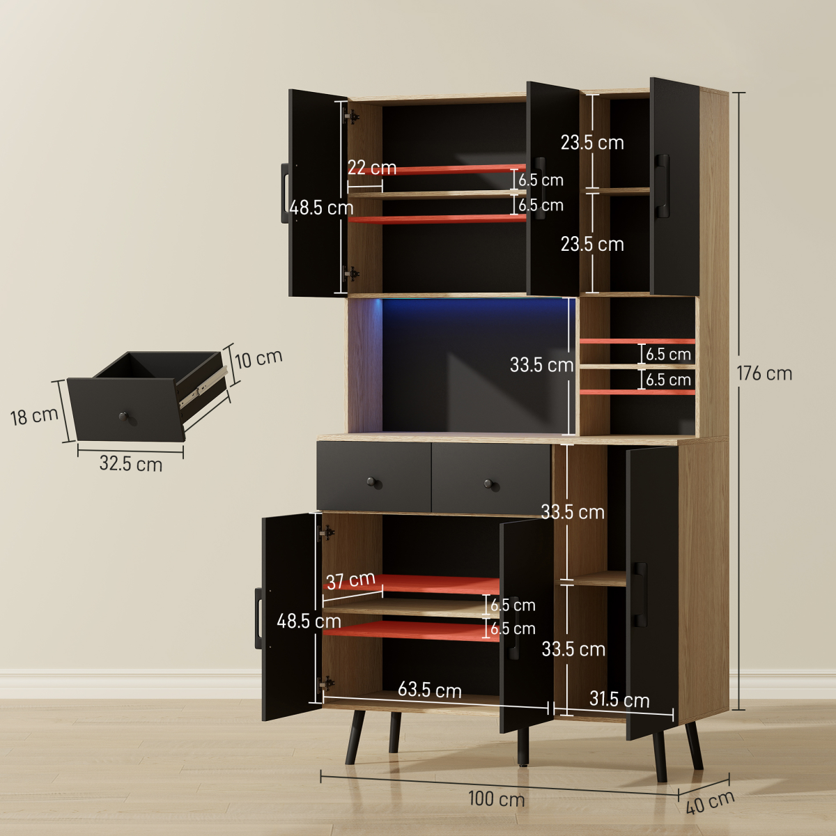 HOMCOM Tall Kitchen Cupboard with USB RGB LED Lights, Oak and Black