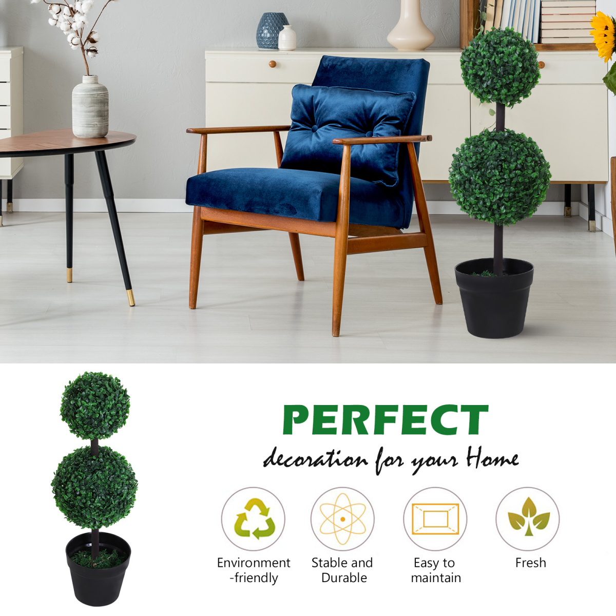 Set of 2 Artificial Boxwood Ball Topiary Trees, Green, PE Plants