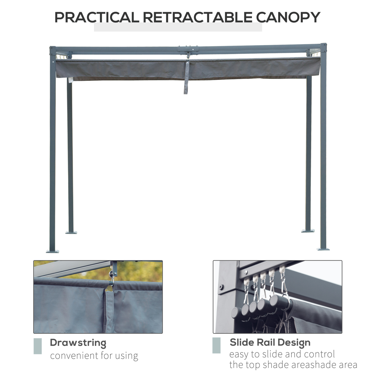 Outsunny 4 x 3m Grey Metal Pergola Gazebo with Retractable UV-Resistant Canopy for Patio Outdoor Use