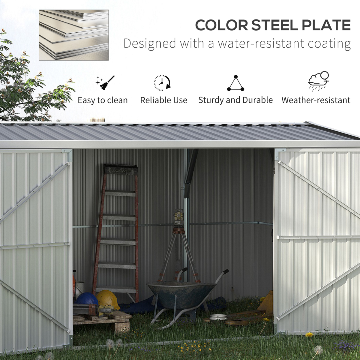 Outdoor Garden Storage Shed, Galvanized Steel Tool Storage Box for Backyard, Sloped Roof, Lockable Double Doors, Grey