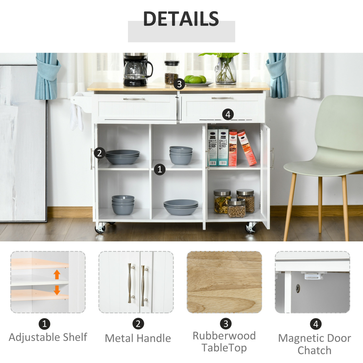 HOMCOM White Kitchen Island Cart with Wooden Top, Drawers & Cabinets