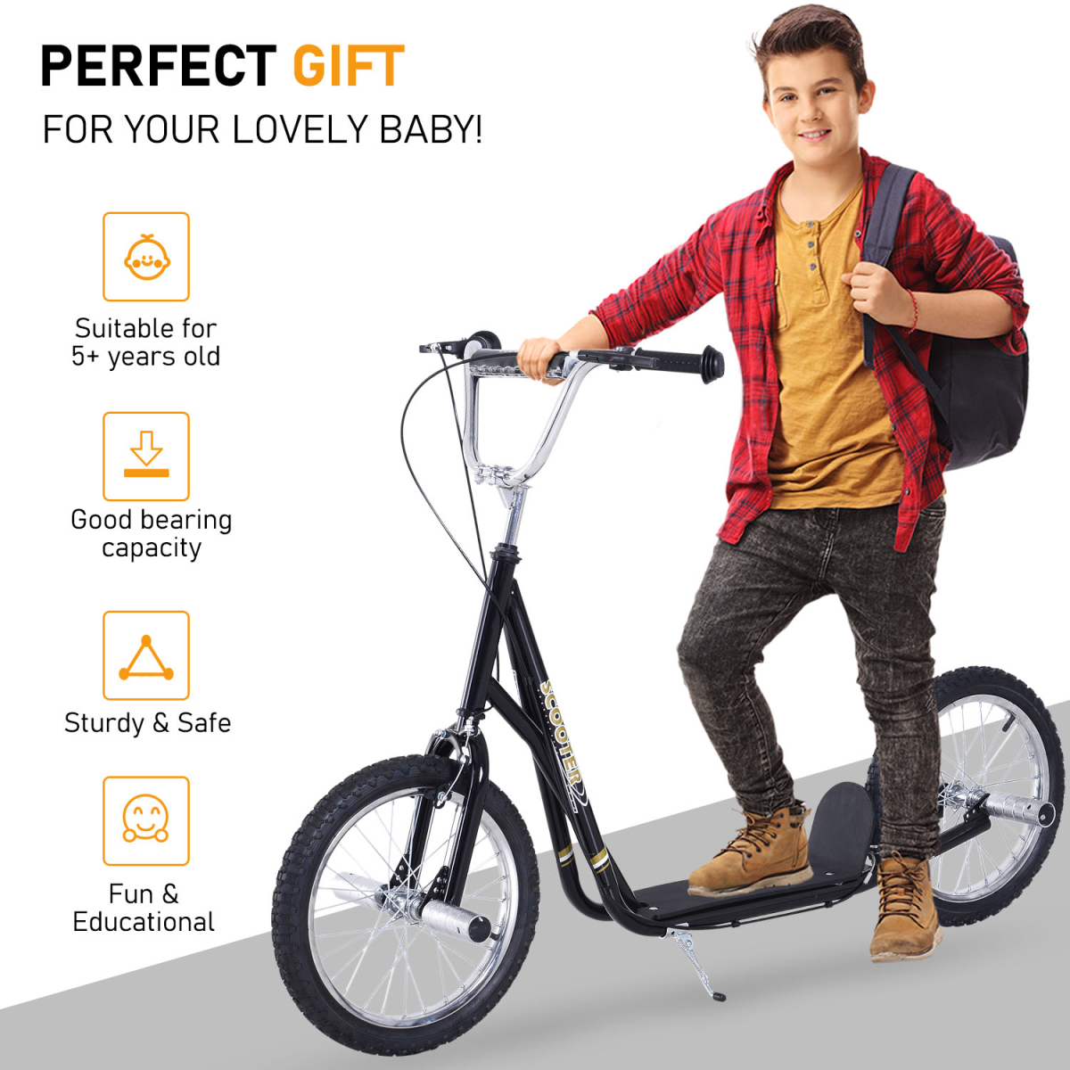 Children’s Stunt Scooter with 16" Wheels, Adjustable Height 92-100cm, Black