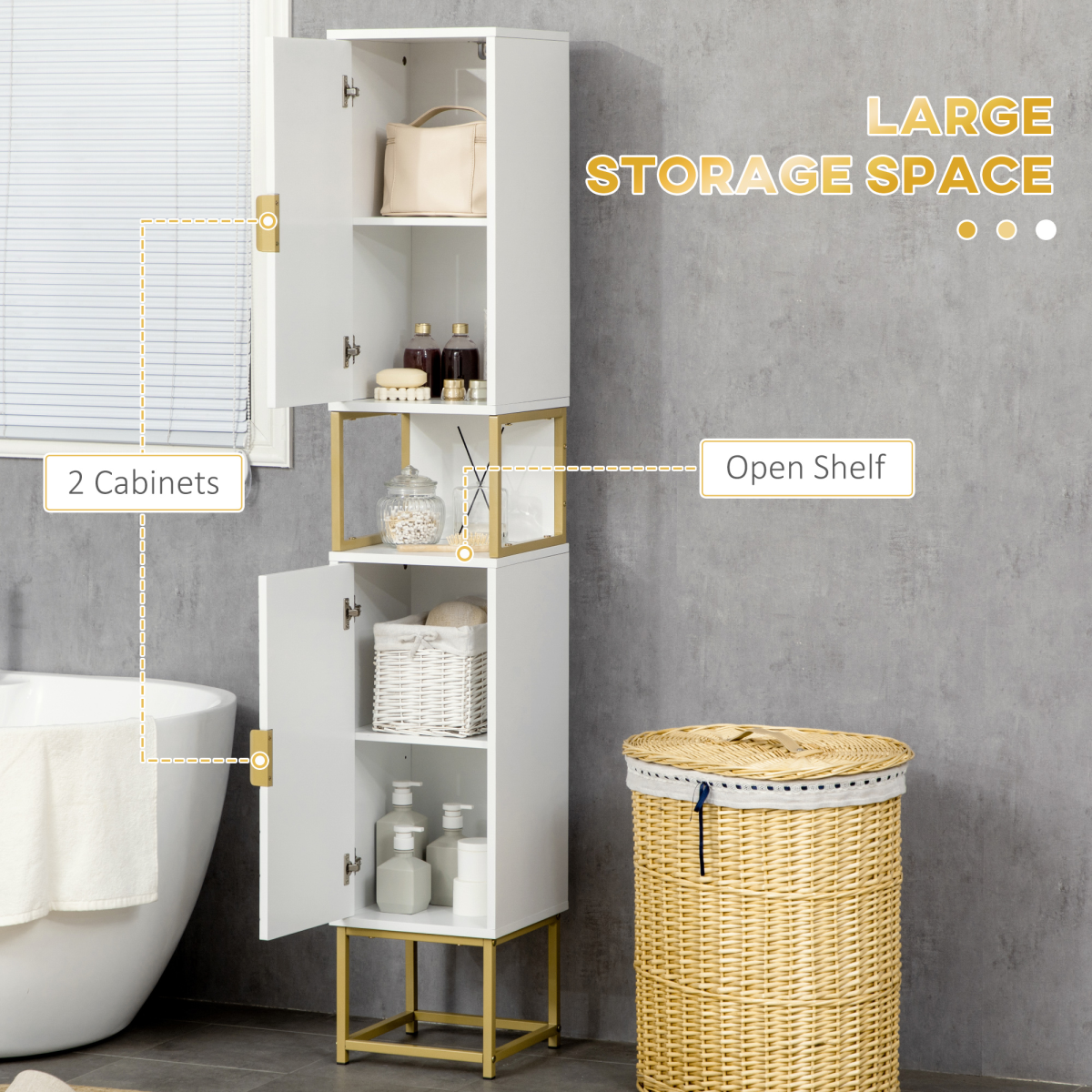 kleankin Freestanding White Bathroom Cabinet, 2 Doors, Adjustable Shelf