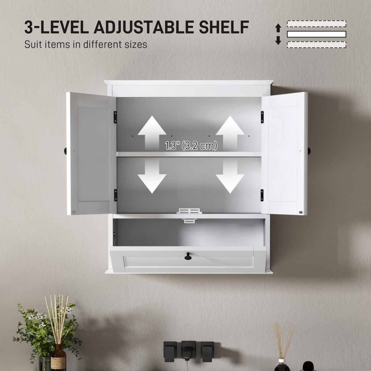 HOMCOM Wall Mounted Bathroom Cabinet with Adjustable Shelf, White