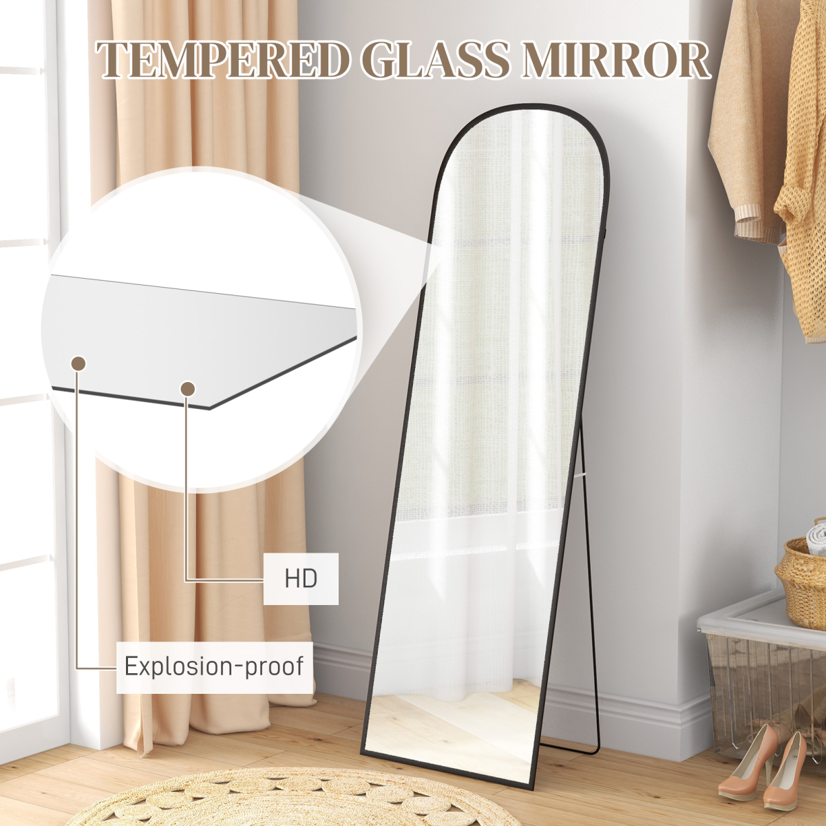 HOMCOM Full Length Mirror, Aluminium Frame, Black, Hanging or Leaning