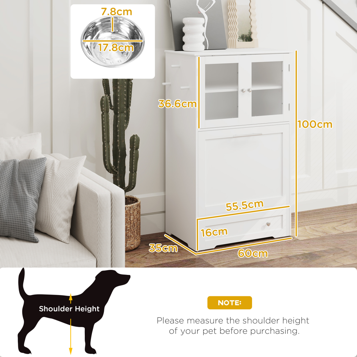 PawHut Dog Feeding Station with 2 Cabinets and 2 Elevated Bowls, White