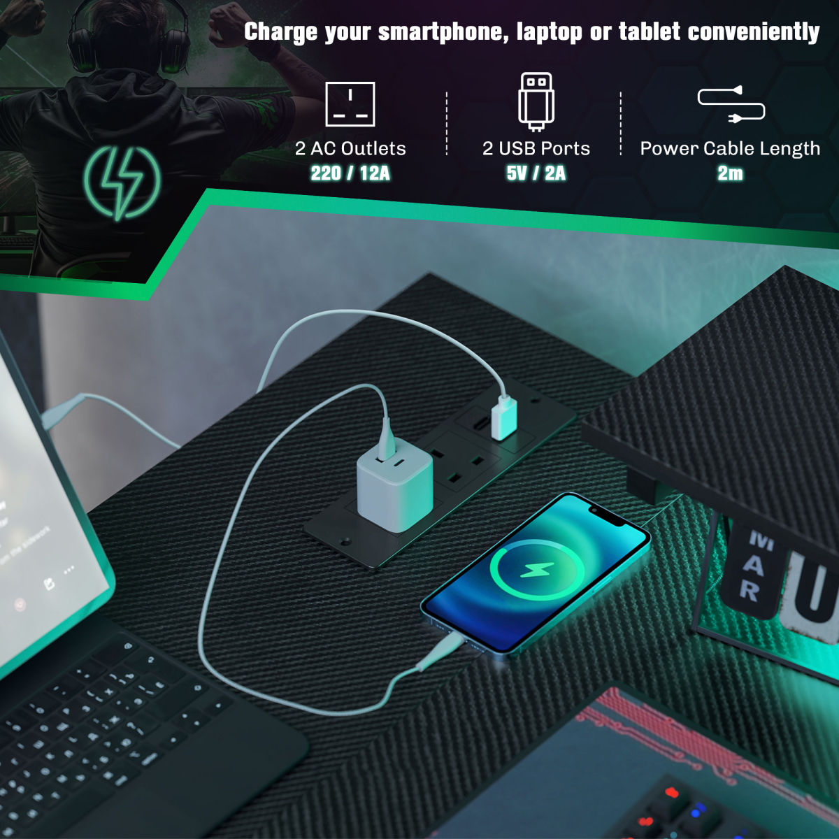HOMCOM Reversible L Shaped Gaming Desk with LED Lights & Storage