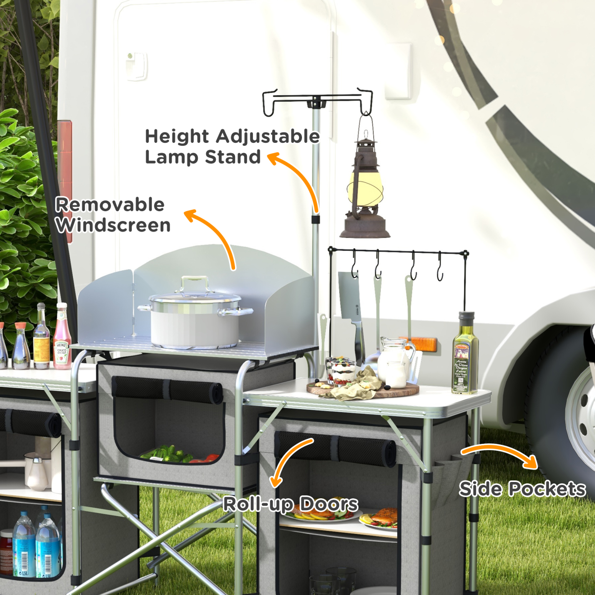 Outsunny Folding Camping Kitchen with Windshield, Lamp Stand & Carry Bag