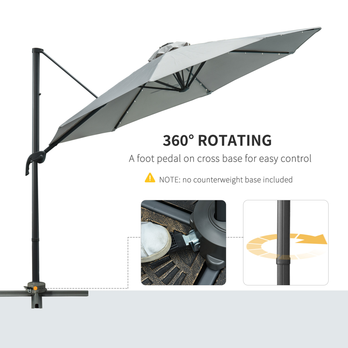 3m Cantilever Roma Patio Parasol with LED Solar Light, Grey