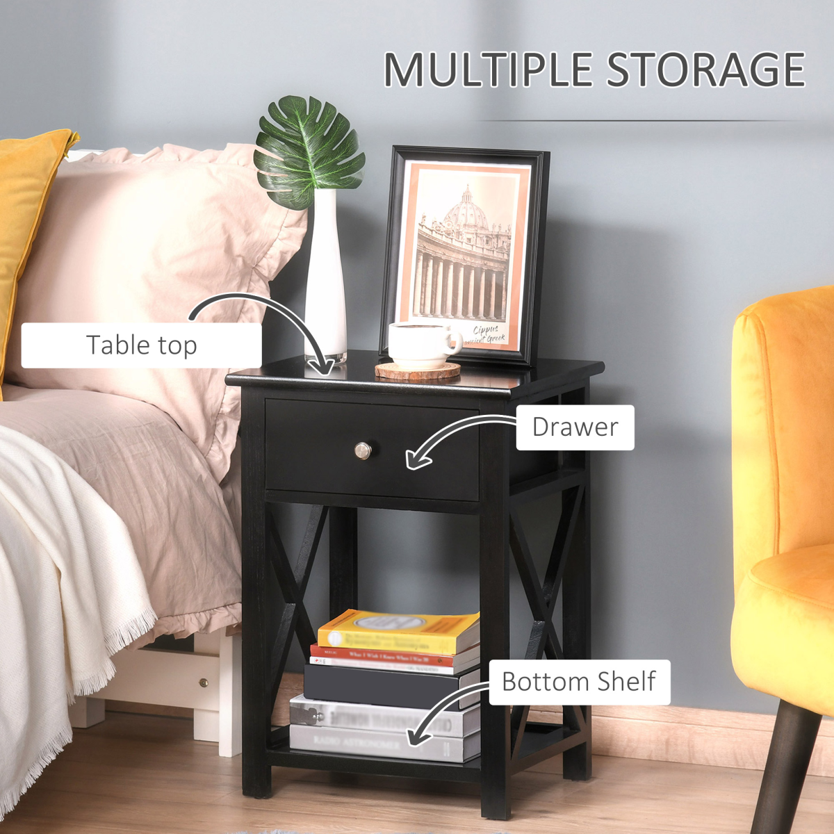 HOMCOM Black MDF 2-Tier Side Table with Drawer and Bottom Shelf