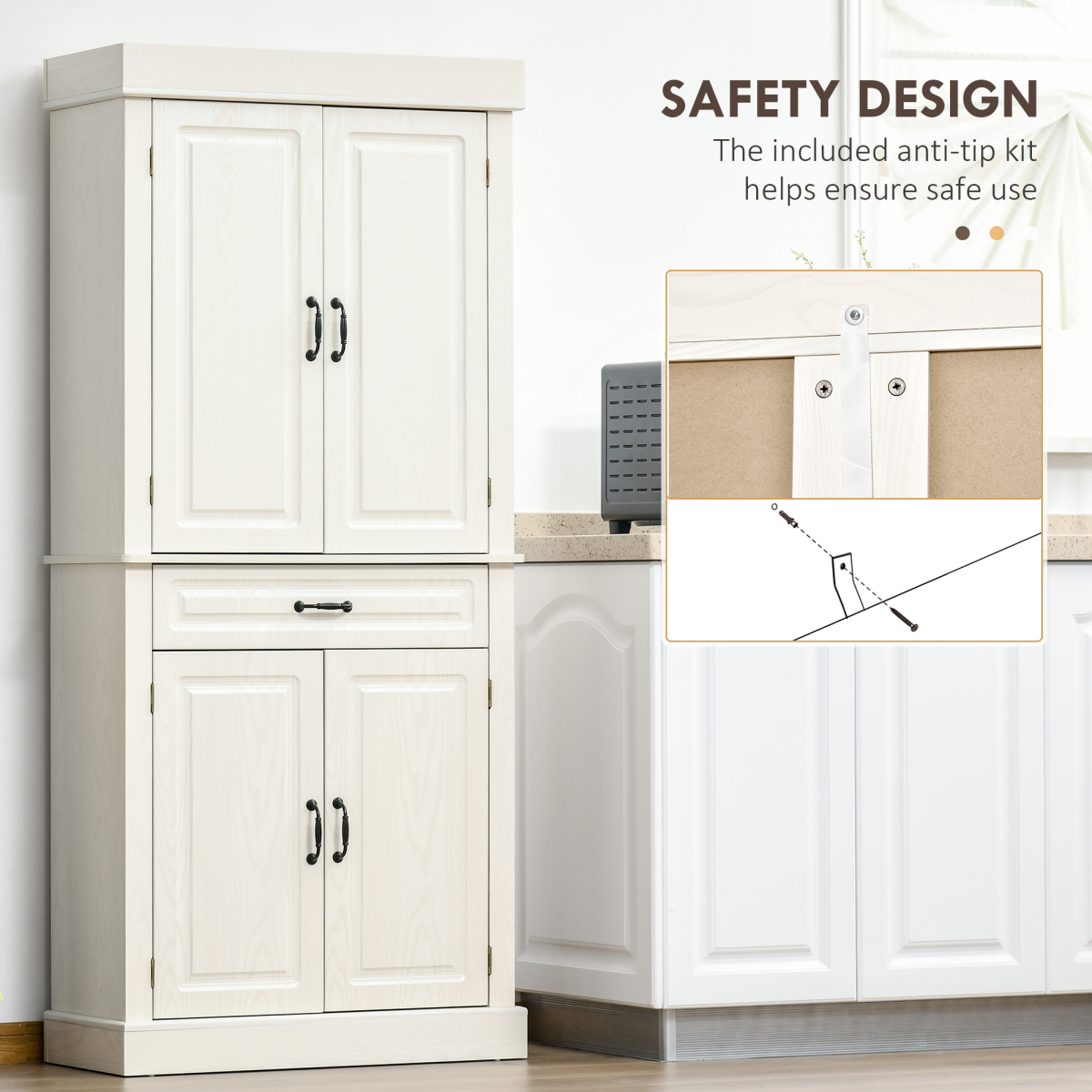 HOMCOM 180cm White Kitchen Pantry Storage Cabinet with Drawer and Double Doors