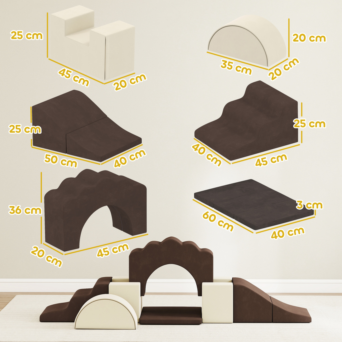 AIYAPLAY Kids Soft Play Set, 7-Piece Foam Climbing Blocks, Brown