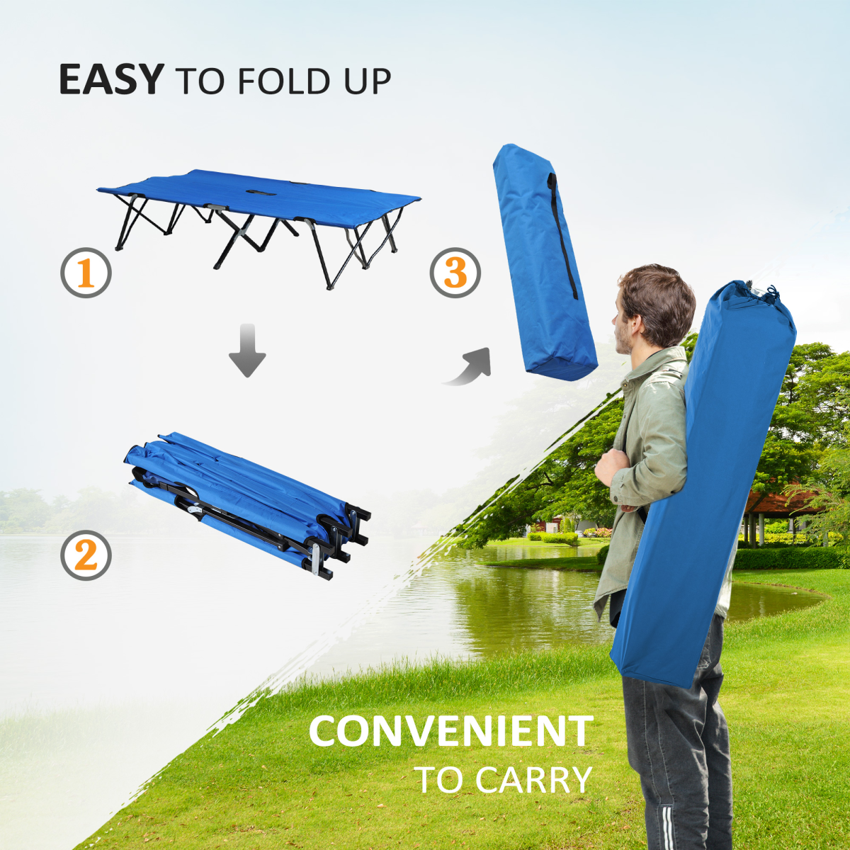 Double Folding Camping Cot with Carry Bag, Portable, Blue
