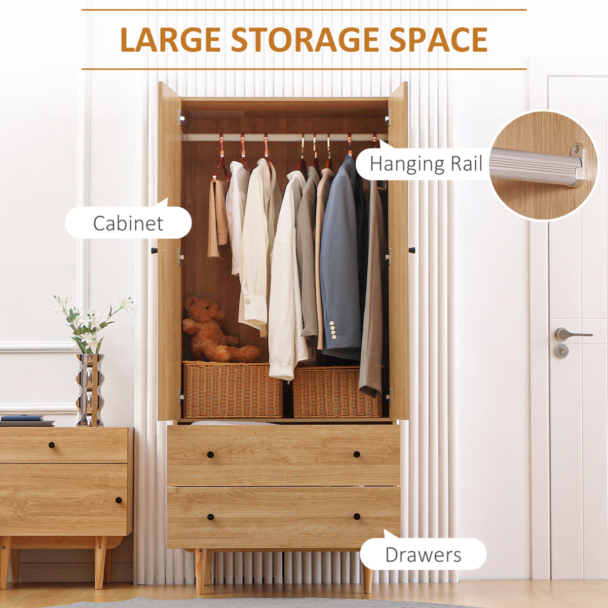 HOMCOM 2-Door Wardrobe with 2 Drawers, Hanging Rail, Bedroom Storage
