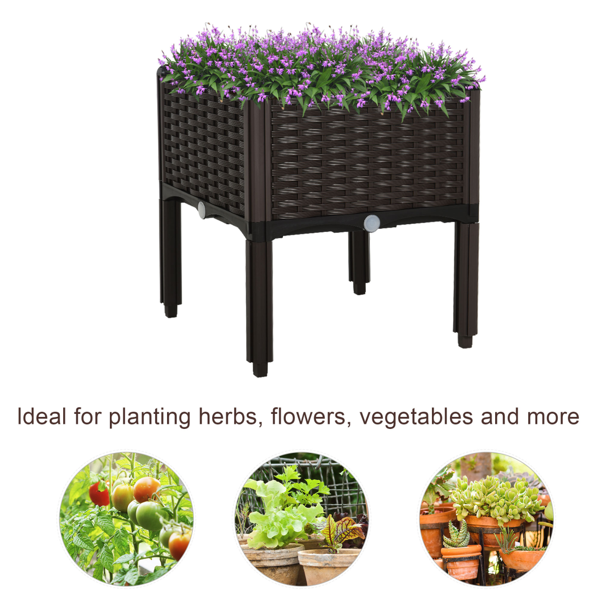 Outsunny Raised Outdoor Garden Planter Box Brown Rattan-Effect Plastic Self-Watering Disk
