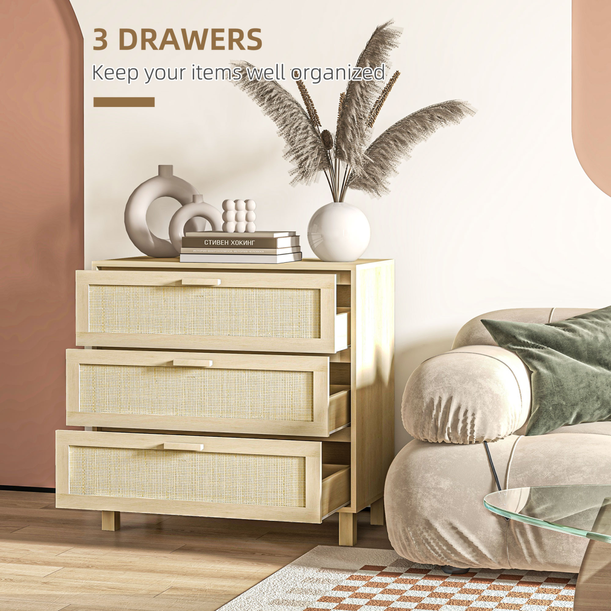 3 Drawer Freestanding Wooden Storage Cabinet with Rattan Weave Panels, Bedroom Chest of Drawers, 80cm Wide