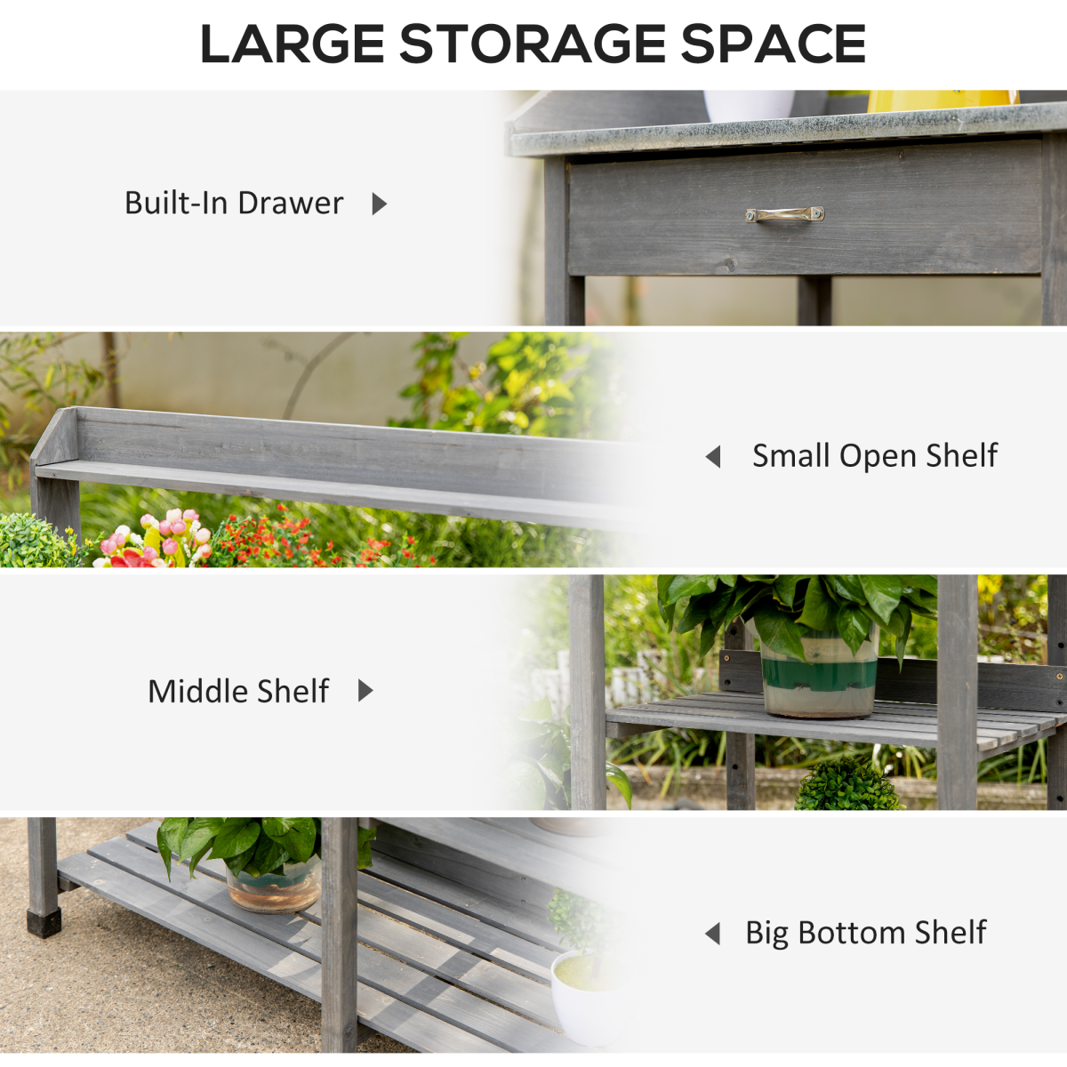 Outsunny Garden Potting Workstation Bench with Galvanized Metal Tabletop, Drawer, Shelves and Tool Hooks