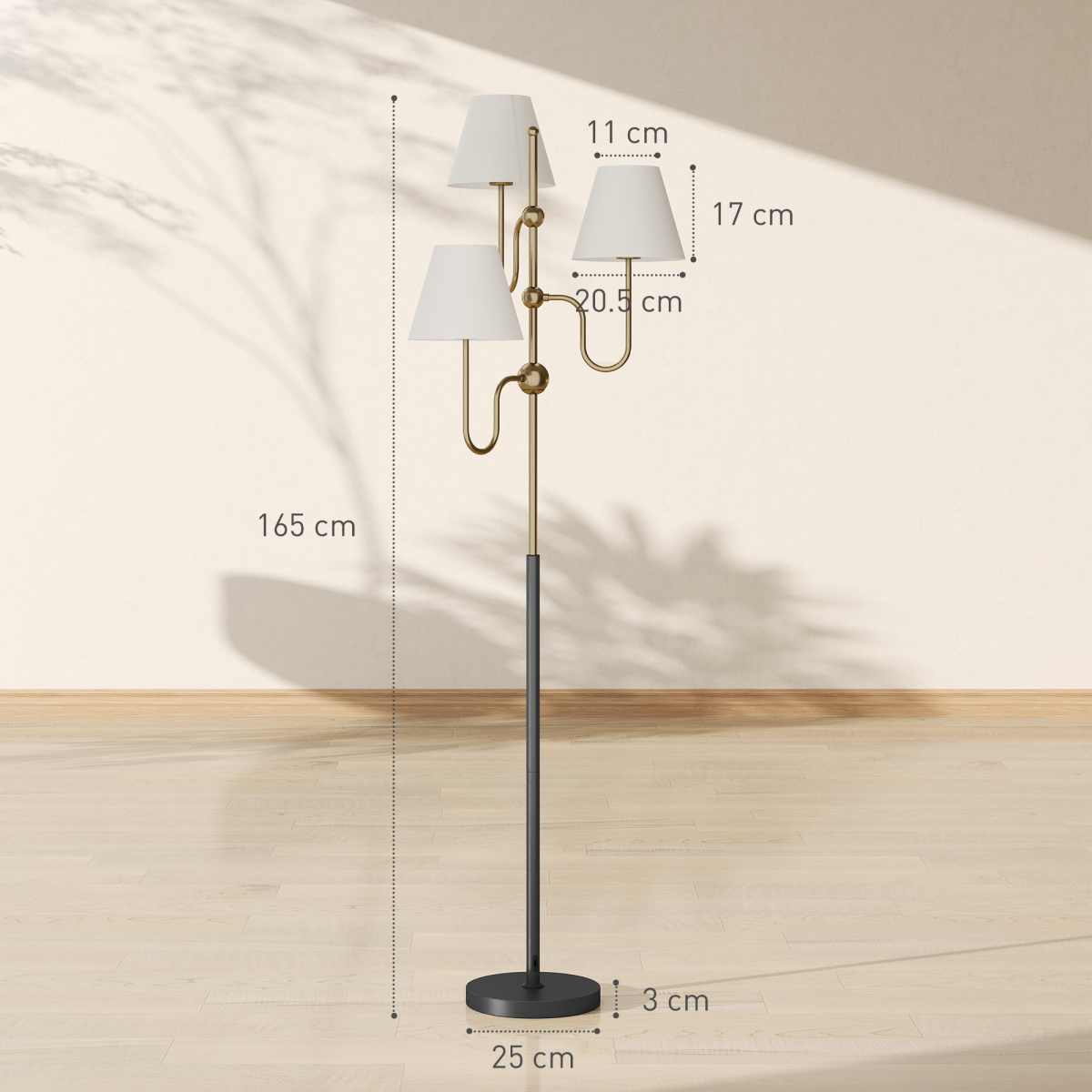 HOMCOM 3-Light Gold Metal Floor Lamp with Foot Switch, 165 cm