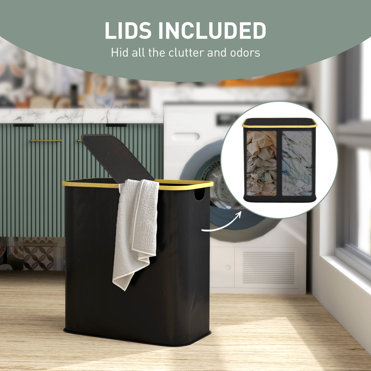 HOMCOM 80L Double Laundry Hamper, Foldable Bamboo, Black